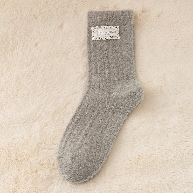 Gray Cartoon Socks Australian Velvet Medium Tube Socks Season Velvet Thickened Warm Cute Bow Bear Socks Women one size