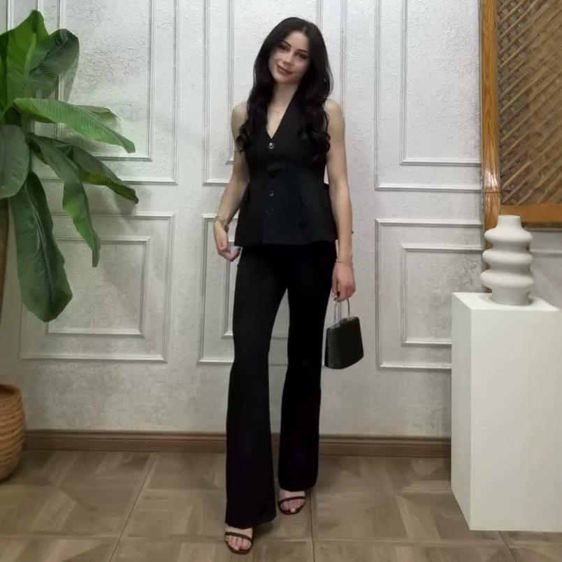 Cross-border foreign trade European beautiful woman 2026 spring and autumn waist V-neck sleeveless suit top femininity straight pants suit XS