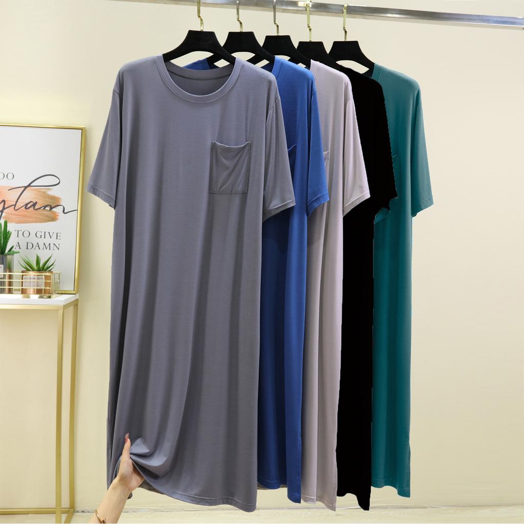 Men's Sleep Dress Modal Robe - Plus Size Loose Fit Short Sleeve Summer Bathrobe, Lightweight Mid-Length Nightwear