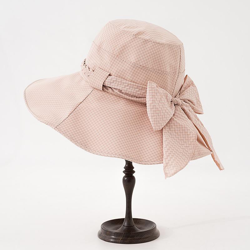

2025 early spring small plaid bow big eaves bucket hat breathable spring and summer sun protection and UV protection sun hat M (55-58cm) can be adjusted appropriately