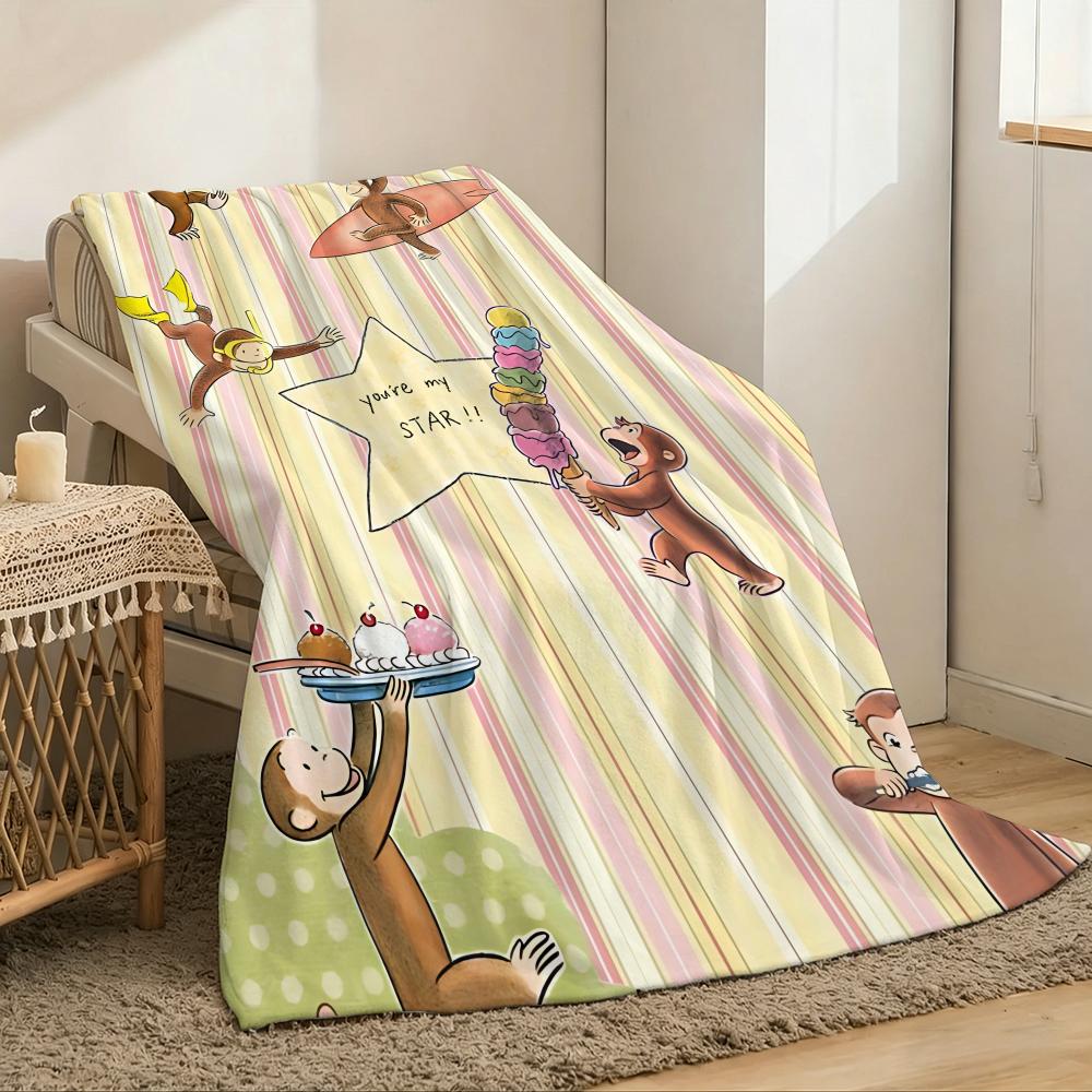Curious George Throw Lightweight 240g Flannel Blanket Soft Skin-friendly for Summer Cooling