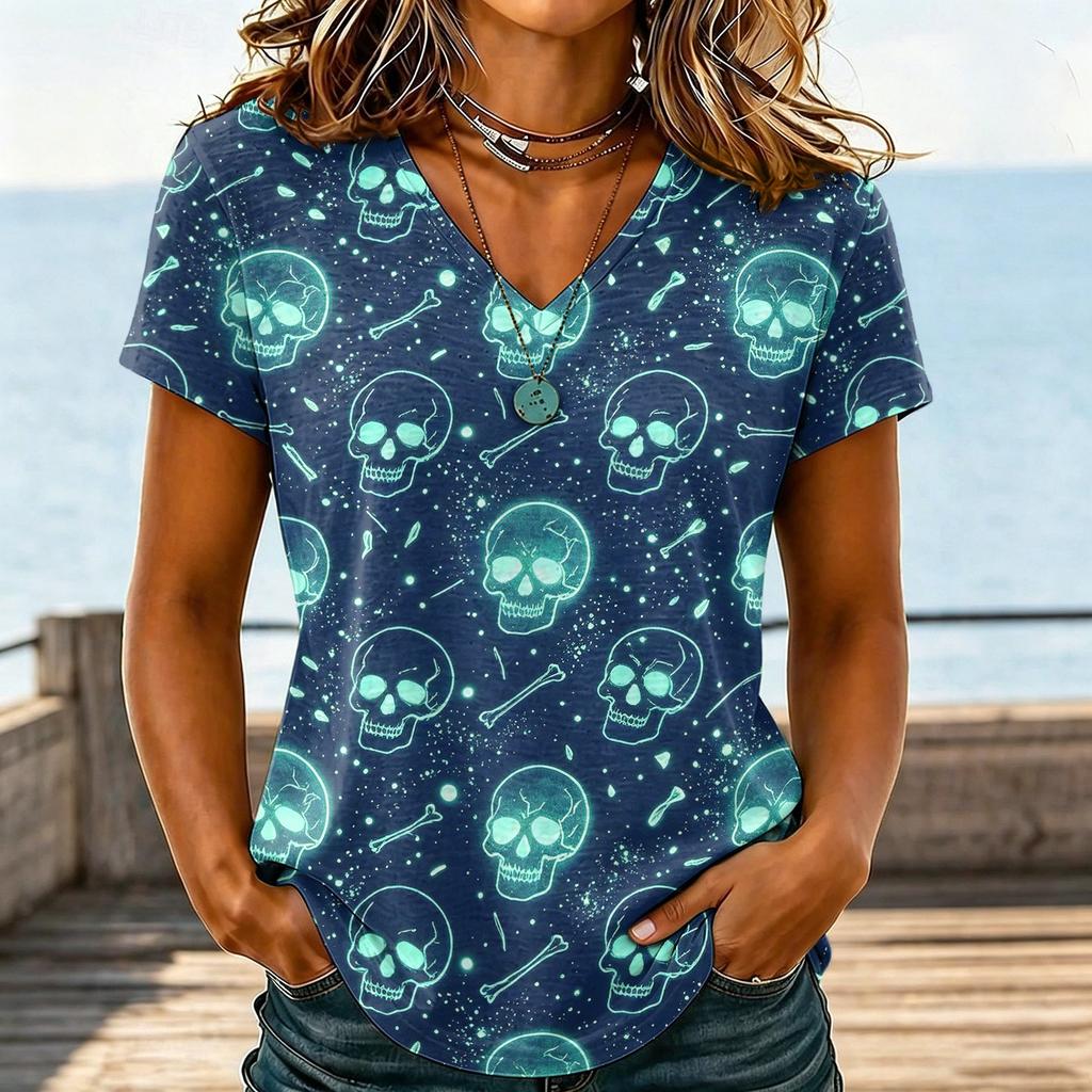 Women's Casual V-Neck Halloween Printed T-Shirt for Holiday Party and Everyday Wear