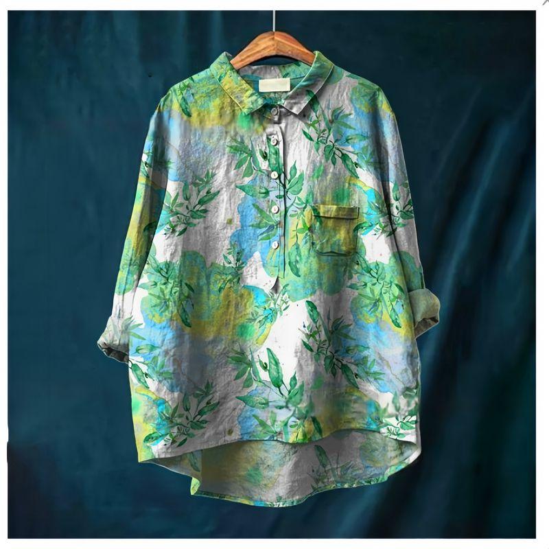 

Европейский Ретро Художественный Гонконгский Стиль Одежда для Женщин Большого Размера Отложной Воротник с Принтом Листьев Свободный Средней Длины Повседневный Топ-Рубашка с Длинным Рукавом Yellow spelled Green Branch(Figure) 3XL(Code)