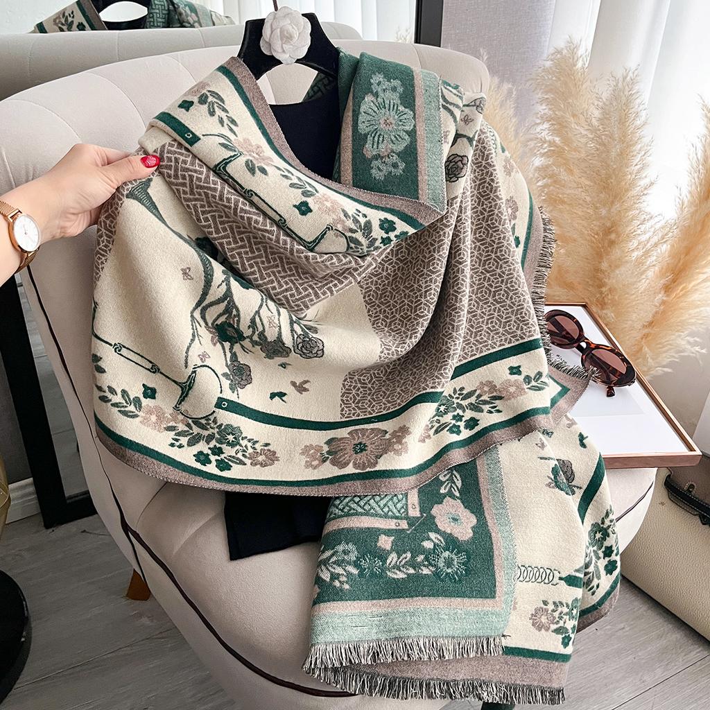 New Women's Thick Jacquard Faux Cashmere Flower Scarf - Warm Simple Shawl for Autumn & Winter