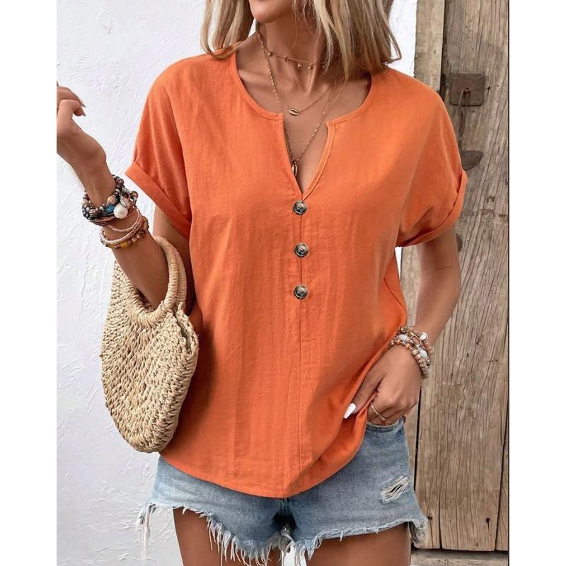 Sommer Damen Button-Up V-Ausschnitt Kurzarm T-Shirt Top für Damen Hemd