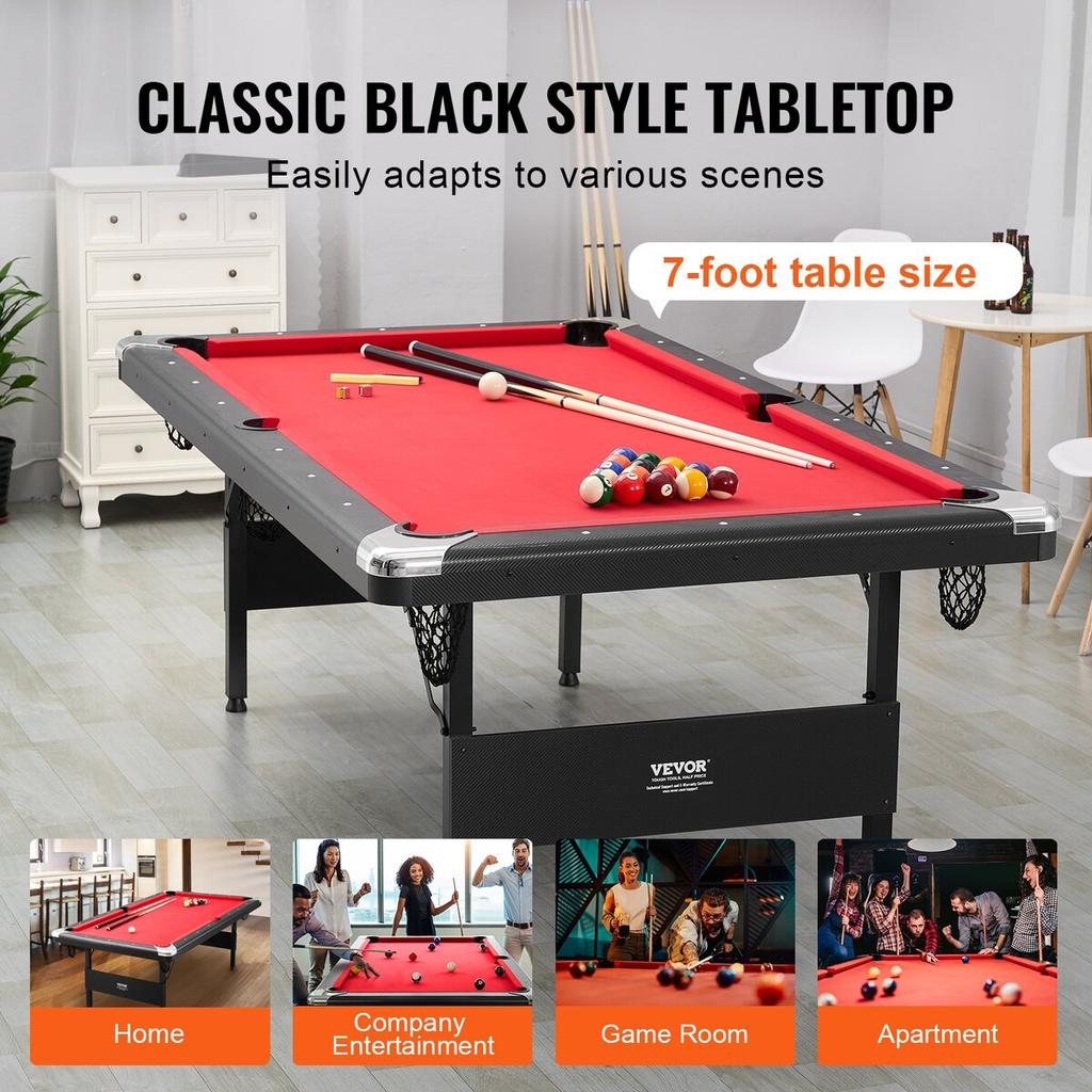 Billiards Table, 7 ft Pool Table, Portable Foldable Space-Saving Table, Billiard Table Set Includes Balls, Cues, Chalks and Brush, Black with Red