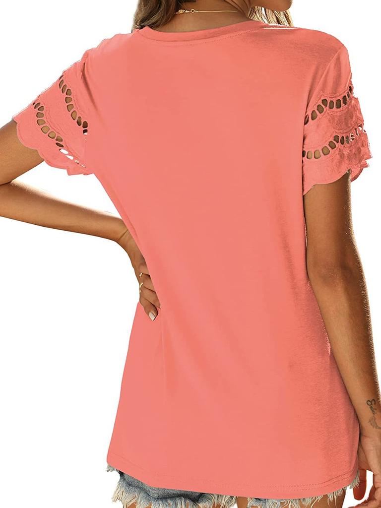 Women's Summer New Floral Lace Patchwork Short Sleeve T-Shirt Crew Neck Slim Fit Top