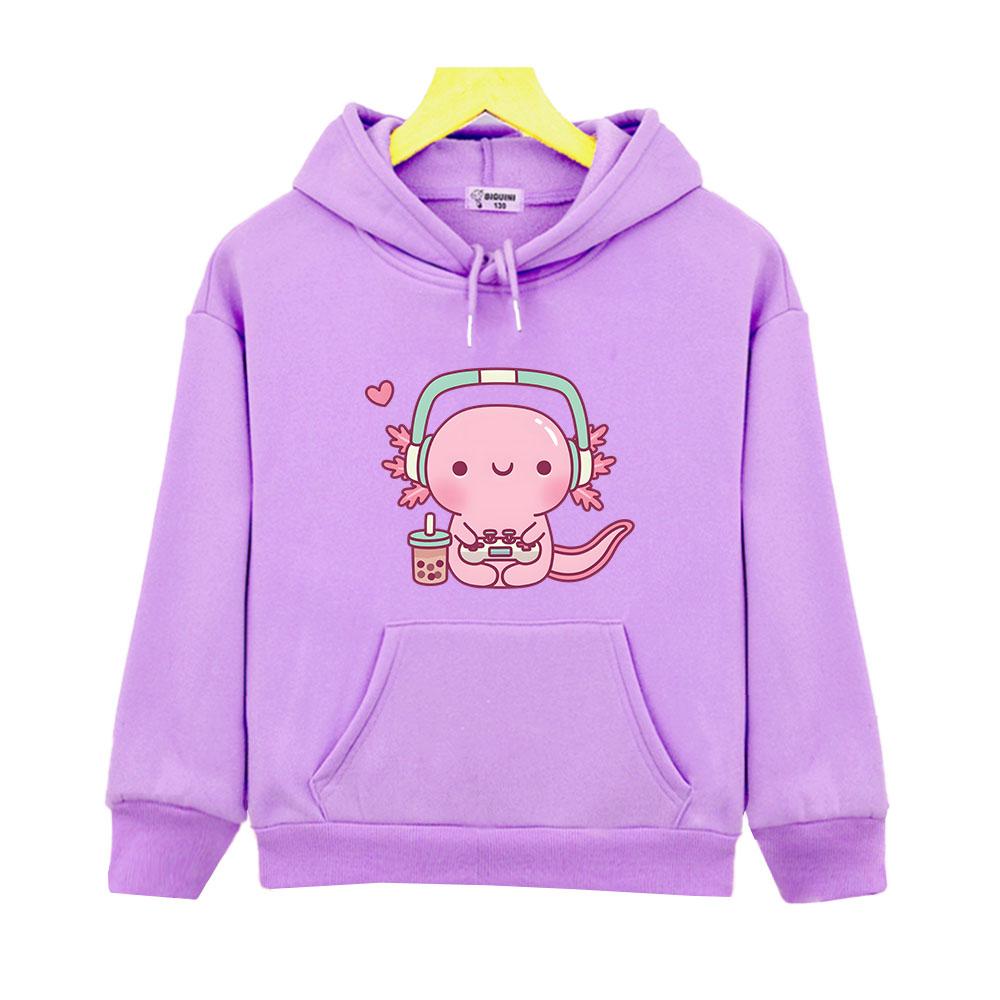 Cute Axolotl Playing Video Games Hoodie Cartoon Gamer Funny Print Sweatshirt Kids Clothes Boys Girl Clothing Y2k Winter Pullover