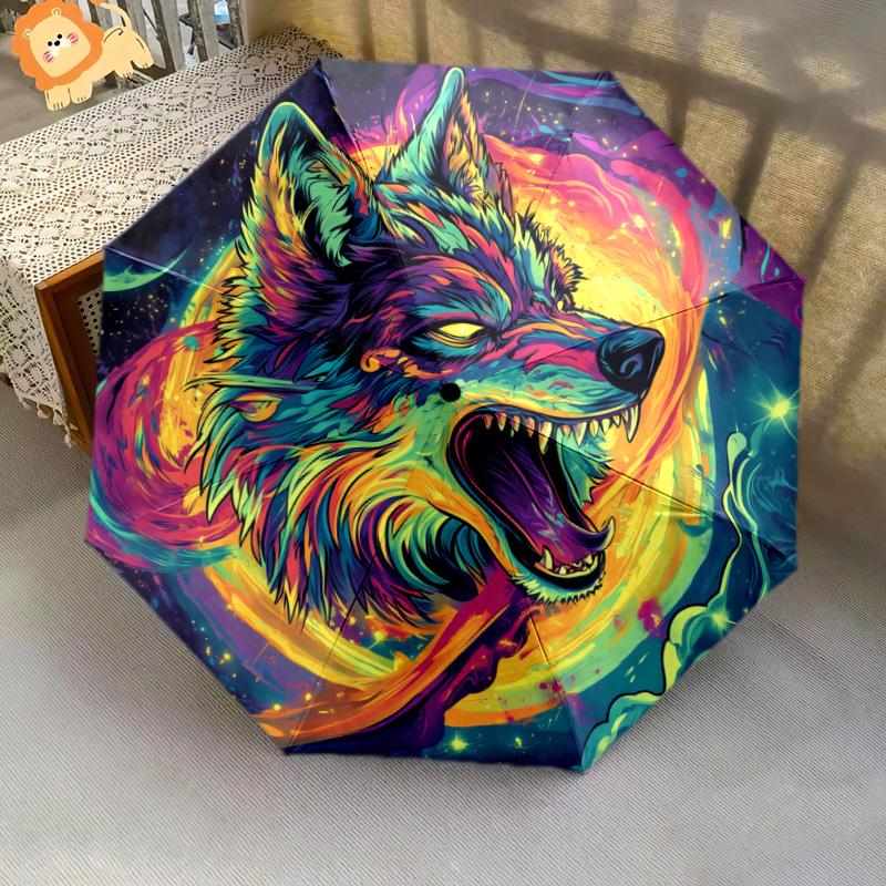 Roaring Wolf  Pattern, Automatic Folding Umbrella, Portable and Foldable Design, 8 Ribs, a Christmas or Birthday Gift.