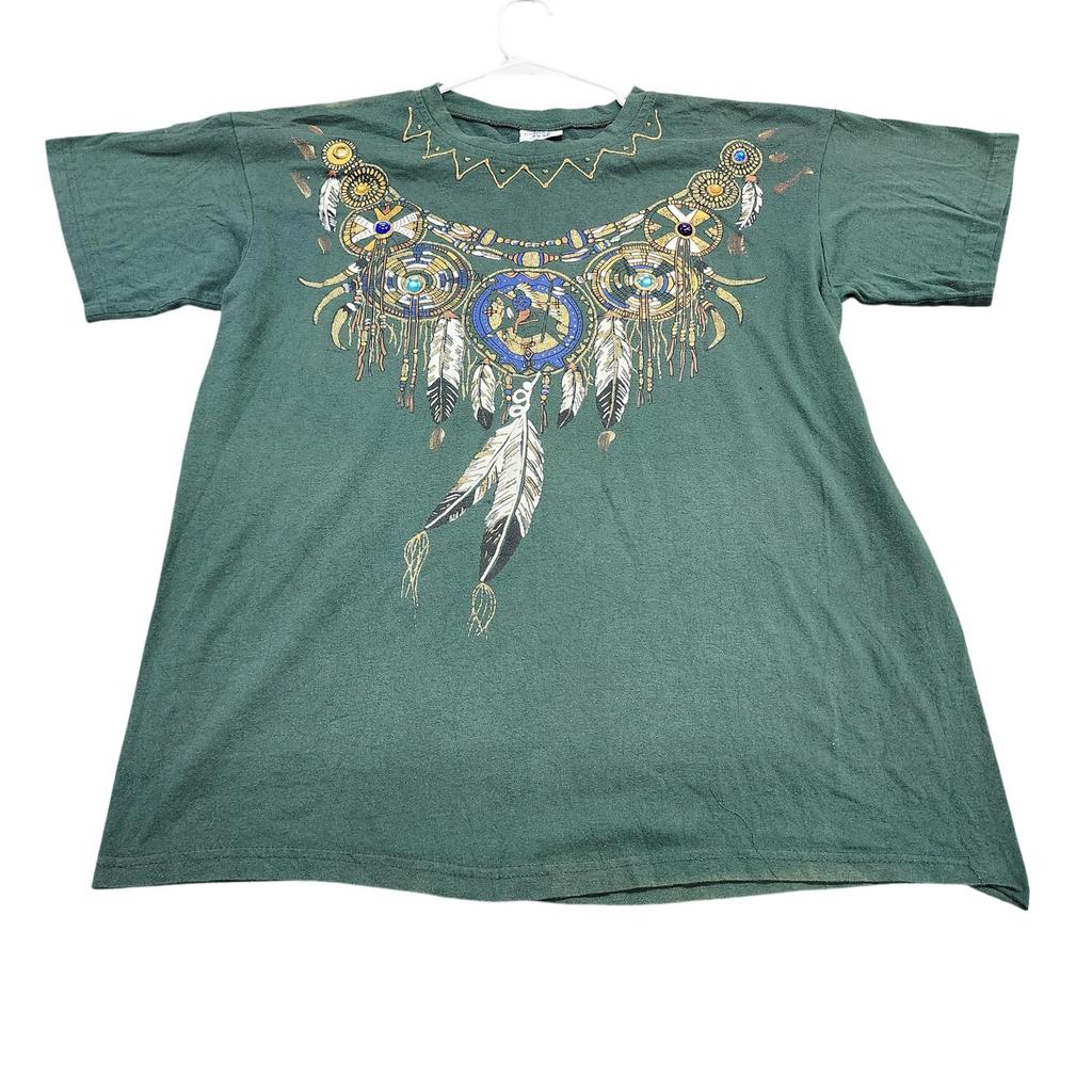 Vintage NU Dimension Shirt Mens XL Green Cat Feather Graphic Tee Boho Made USA Unisex T-Shirt