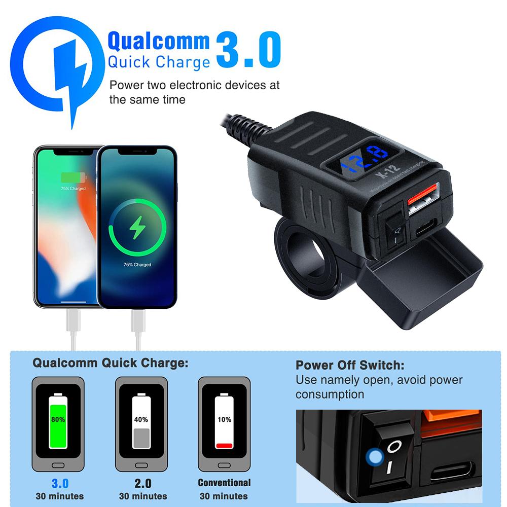 48W PD QC3.0 Motorcycle Charger Dual Ports with Voltmeter & Switch 12V-24V USB Type C Waterproof SAE Handlebar Power Adapter