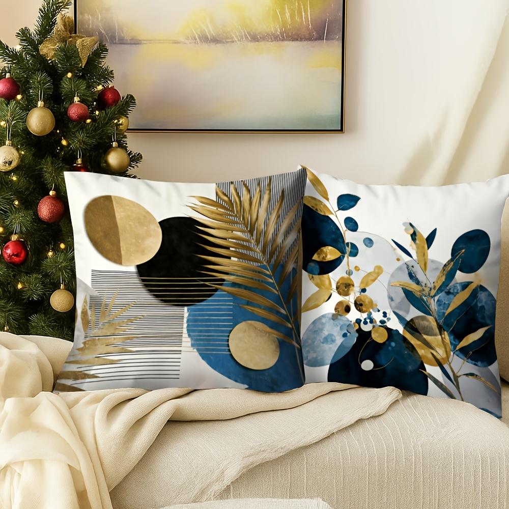 4Pcs Gold Blue Abstract Cushion Cover Leaf Geometric Printed Pillow Case Polyester Home Decor Sofa Living Room 2D Flat