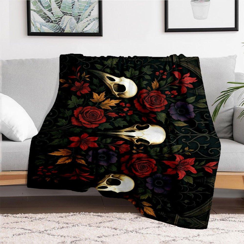 "Dark Gothic Floral Skulls Wall Art Print"Blanket Flannel Throw Blanket for Sofa, Bed, Travel, Camping, Office, Couch, Chair, And Bed Gift f