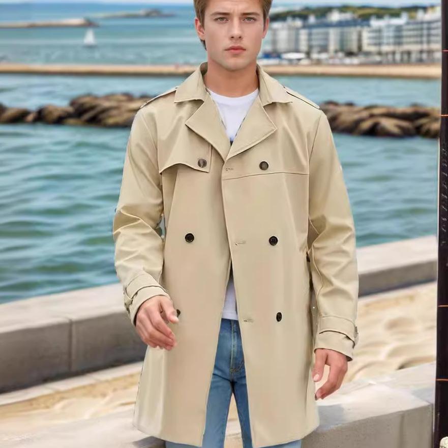 Frühling und Herbst Einfarbig Europäischer und Amerikanischer Langarm-Trenchcoat Herren Revers Schmal geschnittene Zweireihige Freizeitjacke