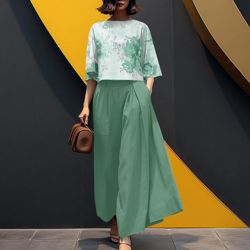 ZANZEA Women Print 3/4 Sleeve Blouse and Wide Leg Pants Casual Two Piece Suit Sets