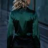 Women Shirt Lapel Long Sleeve Satin Texture Breathable Shirt Patchwork Color Loose Fit Office Casual Tops