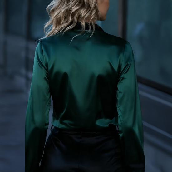 Women Shirt Lapel Long Sleeve Satin Texture Breathable Shirt Patchwork Color Loose Fit Office Casual Tops