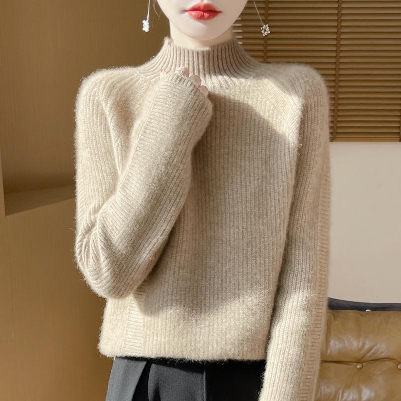 Autumn/Winter Women's High-Neck Wool Ribbed Knit Pullover