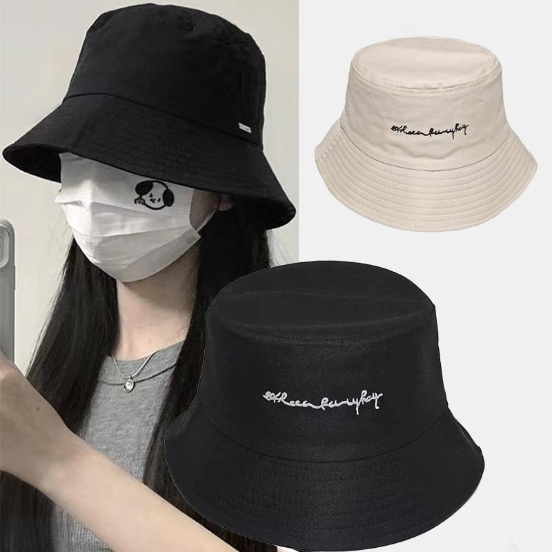 Simple Embroidery Bucket Hat For Women Solid Color Cotton Fisherman Cap Men Outdoor Travel Panama Basin Hat