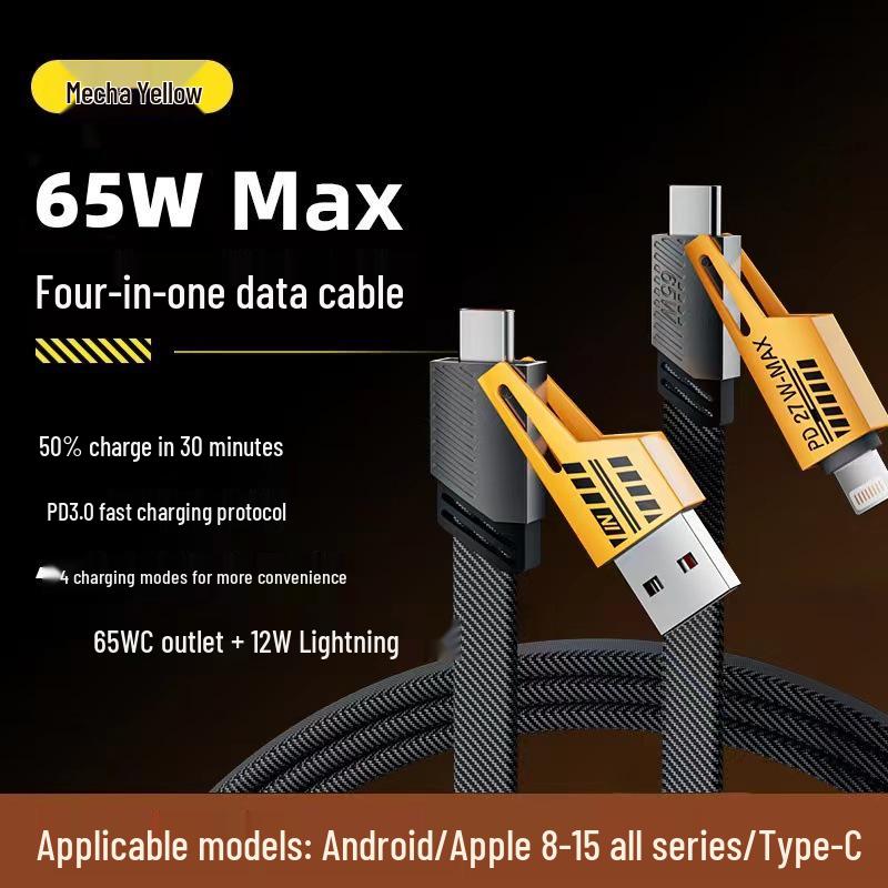 Double Magic 4-in-1 65W Superfast Bumblebee Mecha Data Cable with On-Demand Fast Charging.