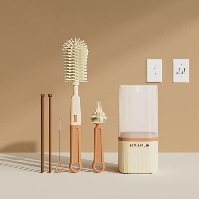 Baby Silicone Bottle Brush Portable Straight Handle Cleaning Tool Set 360° Rotating Drying Rack Combination Bottle Washing Brush