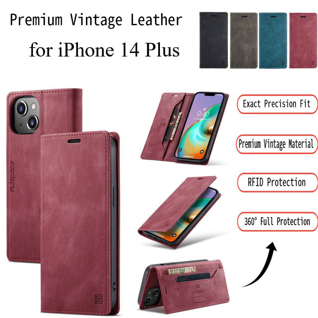 For iPhone 14 Plus Vintage Leather Flip Wallet Case with RFID Blocking Card Slot, Matte Retro Folio Cover for Women Men (4 Colors)