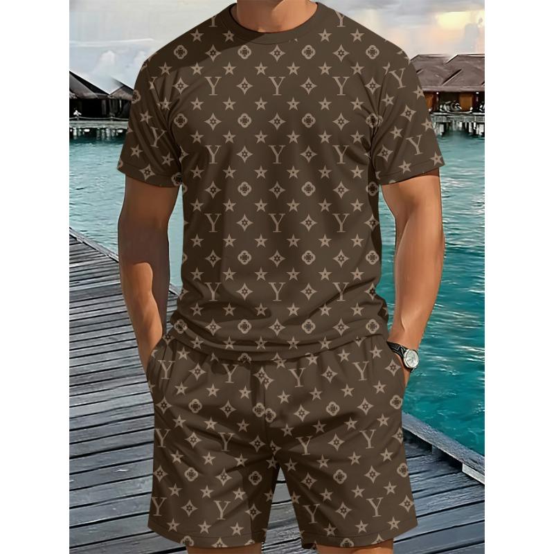 Men s 3D Digital Print Casual Short Sleeve Shorts Set, Luxury Style Full Monogram Print, Classic Y-Shaped Jacquard Design 2pcs Outfit, S
