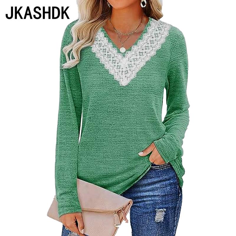 

JKAASHDK женские модные повседневные однотонные принты весенне-осенние кружевные блузки и рубашки с длинными рукавами и v-образным вырезом, пуловеры