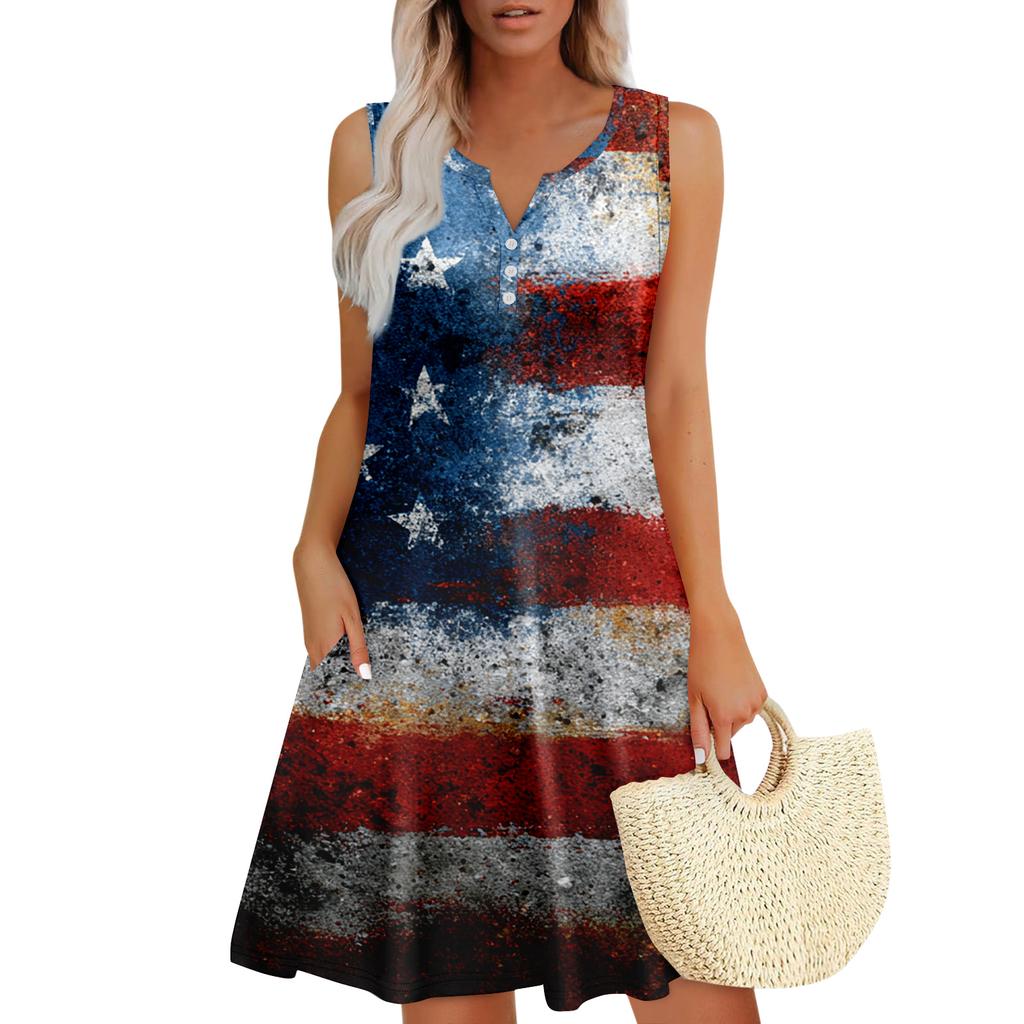Damen Sommerkleider Lockeres V-Ausschnitt Ärmelloses Sommerkleid Kleid Mit Taschen