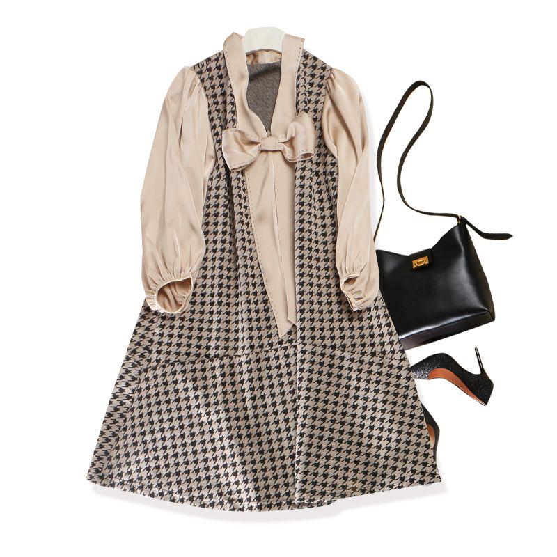 

Skin Feeling Increased by Temperament Dress! Elegance Women s Woven Cotton Houndstooth Butterfly Shoelace Fishtail Long Sleeves Dress Fall and Winter Color 4XL