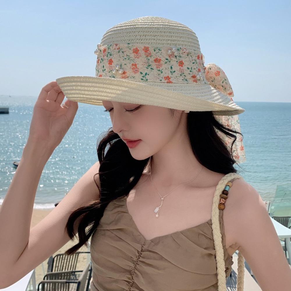 

Anti UV Straw Hat Lace Bowknot Sunshade Cap Elegant Beach Hat Ladies хакі