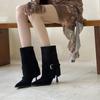 2025 Autumn and Winter New Models, European and American Style Belt Buckle Suede Pointed Head High Heel Thin Heel Short Boots, Thin Trouser Leg Boots