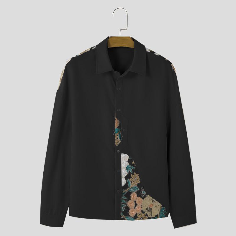 

INCERUN Негабаритные мужские винтажные рубашки с длинным рукавом и вышивкой на пуговицах, весенние рубашки L чёрный