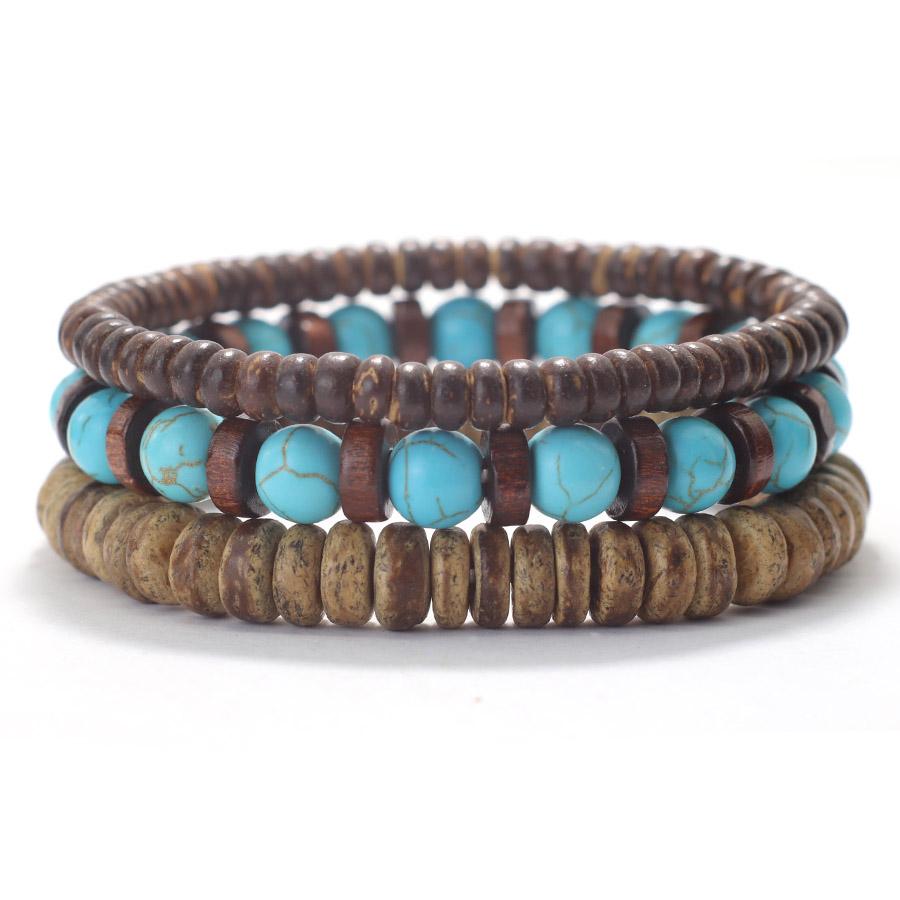 Vintage 3Pcs/Set Wooden Men Bracelet Natural Coconut Husk Turquoises Tiger Eyes Onyx Beads Braclet Jewelry Hombre Pulsera Joias