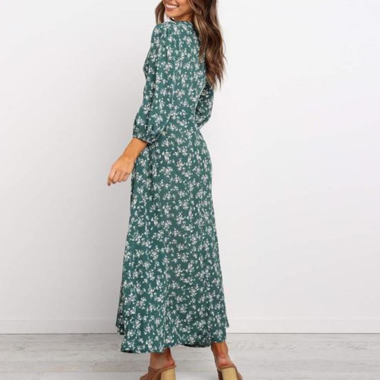 Floral Print Maxi Dress for Women Long Sleeve V Neck High Waist A Line Long Dress Casual Wear for Beach Weddings Parties