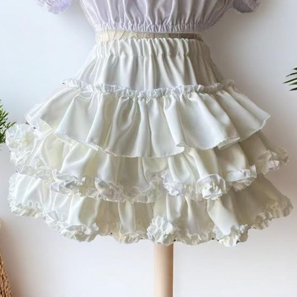 Kawaii Ball Gown Short Skirt Pleated Ruffles Layered High Waist Solid Mini Cake Skirts Lolita Girl Sweet Cute Elastic Waist Y2K