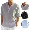 Camisa masculina botões decote em v manga longa leve gola alta cor sólida camiseta roupas masculinas