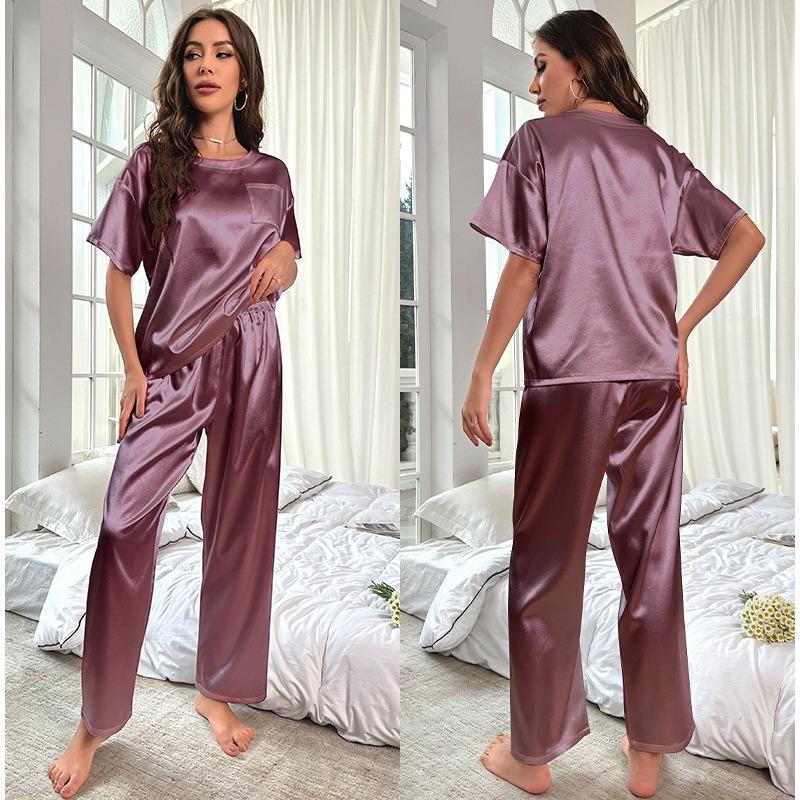 Damen-Schlafanzug-Set in Übergröße, Eisseide, kurzärmelig, für den Sommer, Homewear, lockerer, lässiger Schlafanzug