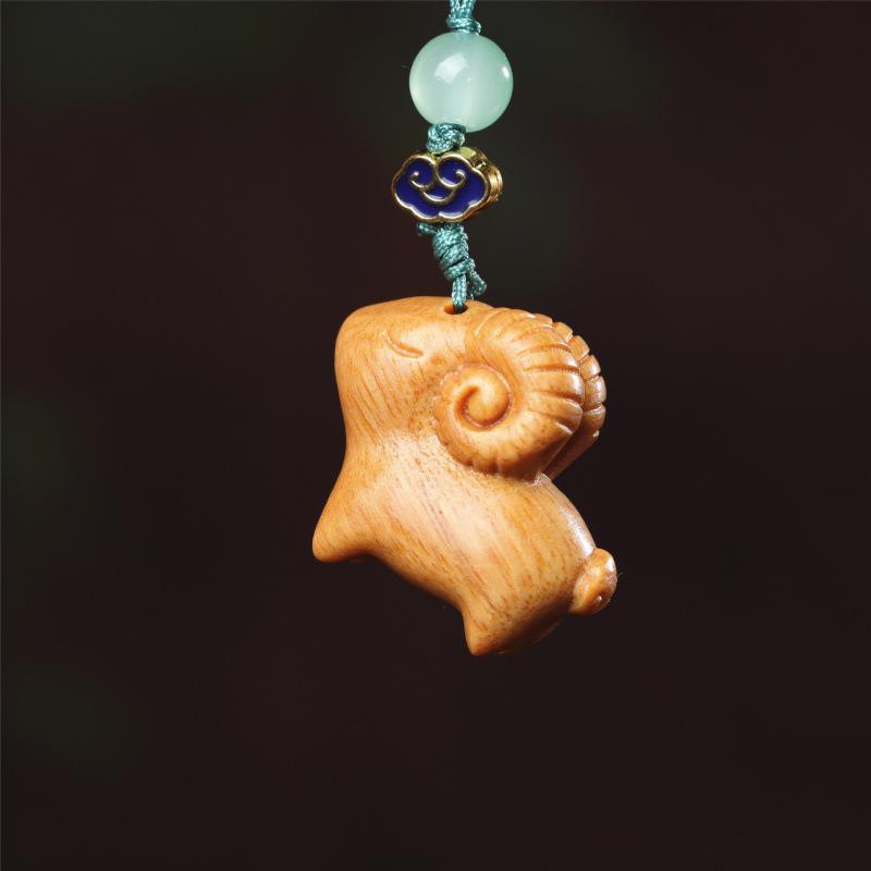 Red Sandalwood Sleepwalking Goat Zodiac Phone Pendant Keychain Ornament.