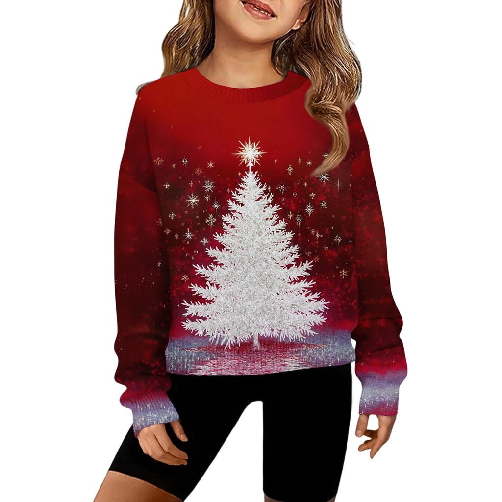 Girls' Hooded Knitted Pullover Round Neck Long Sleeve Top
