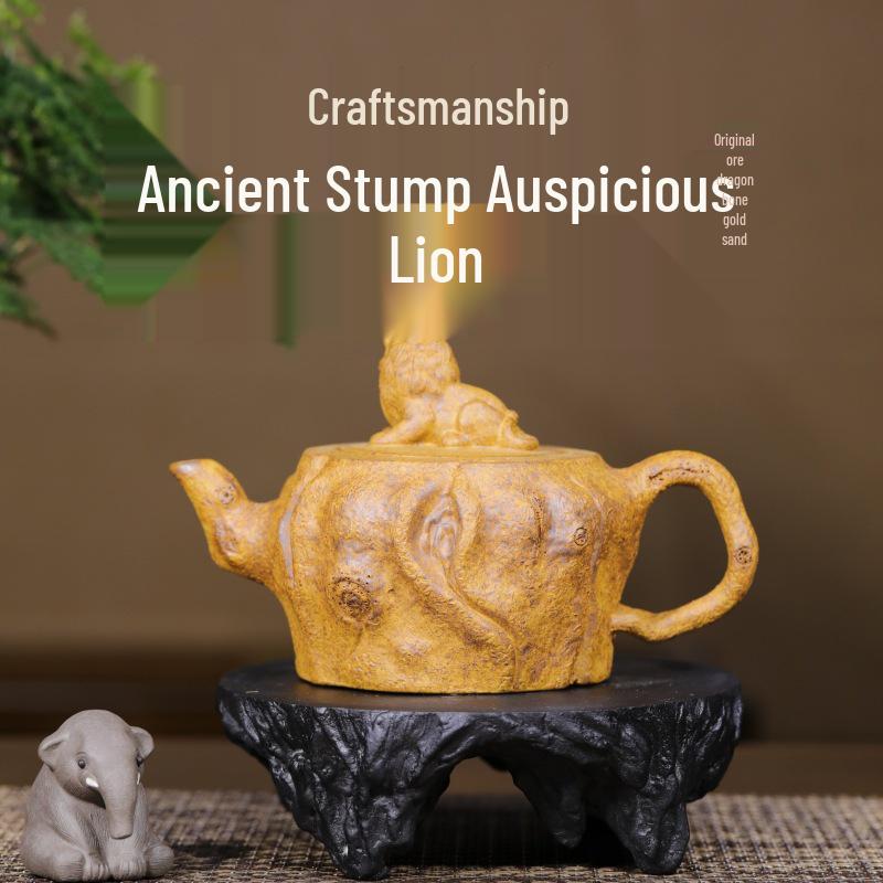 Ciphertext Handmade Yixing Zisha Dragon Bone Golden Sand Kung Fu Tea Set with Lion Design 360cc