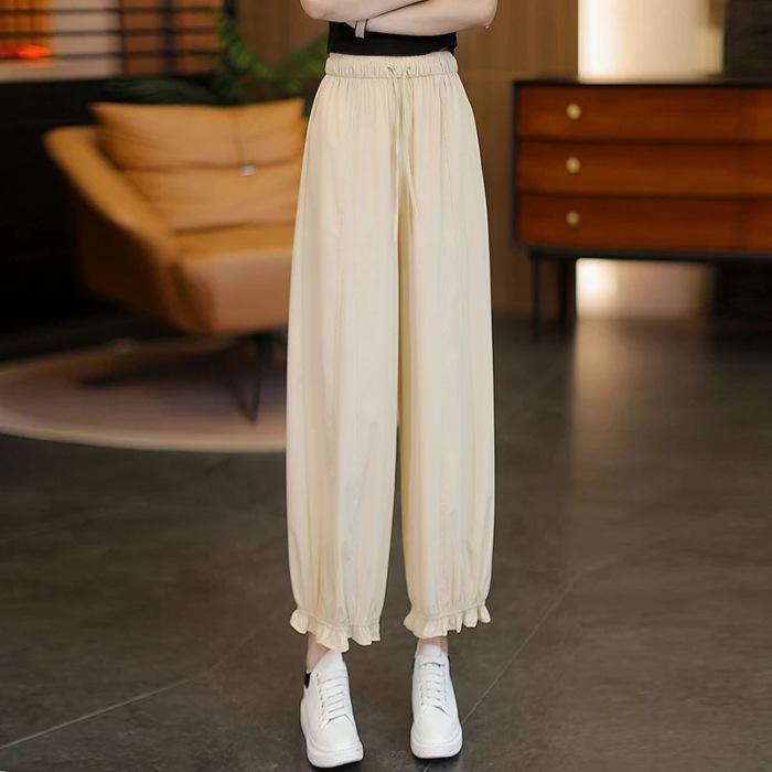 Plus Size Women's Ruffle Lace Ice Silk Lantern Pants - Korean Style, Breathable, Versatile Casual Nine-Point Pants for Spring/Summer