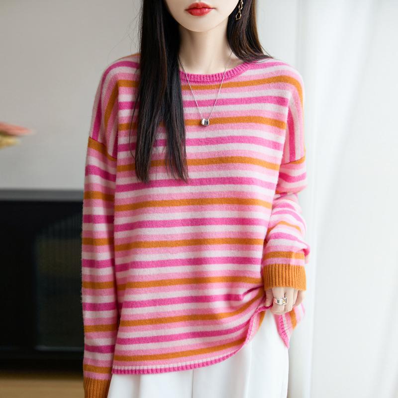 Autumn And Winter New Retro Japanese Lazy Style 100 Wool Sweater Pullover Bottoming Knitted Sweater Colored Striped Sweater Women
