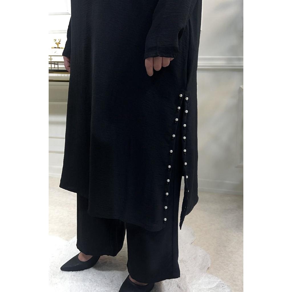 Large Size Pearl Suit With Slits On The Sides - Black