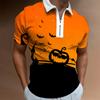 Halloween Themed Short Sleeve Polo, Spooky Pumpkin & Bat Print