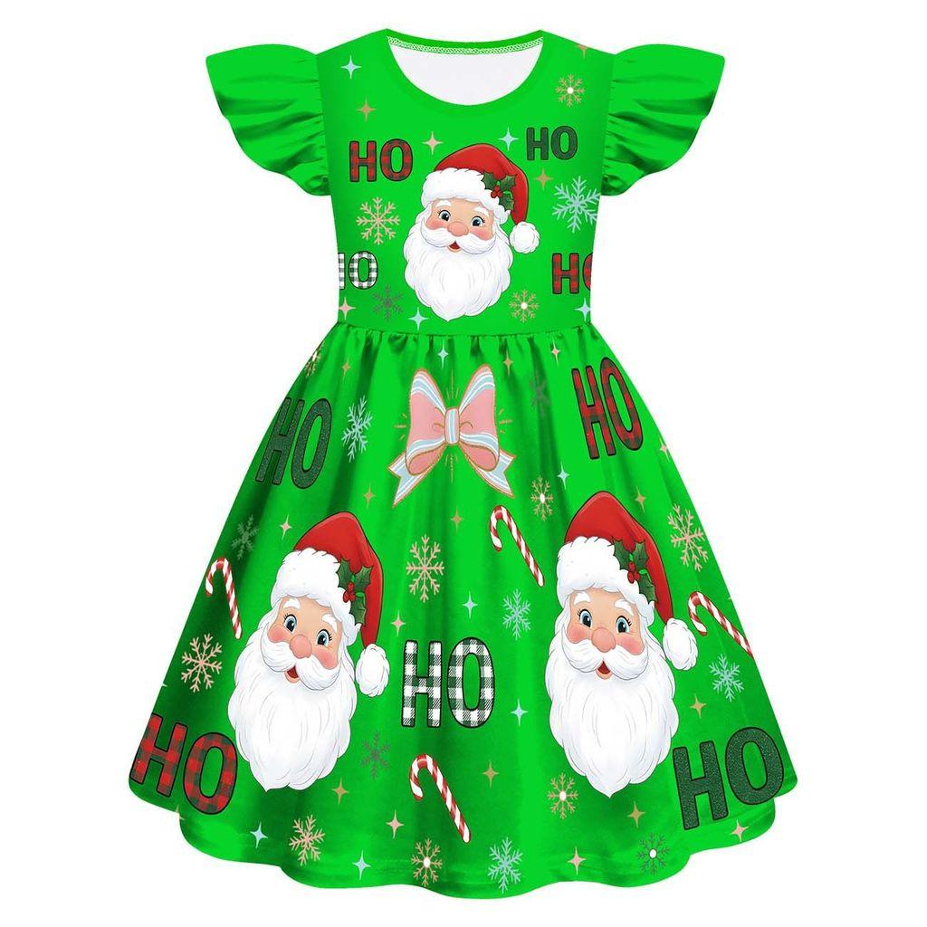 Kids Girls Cartoon Santa Claus Christmas Tree Elk Print Ruffle Sleevess New Year Dress