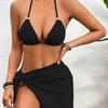 3Pcs/Set Women Sexy Bikini Set Solid Color Halter Bra Low-rise Lace-up Briefs Cover Up Skirt Set Swimwear Beachwear