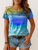 Ocean Sunset Print Casual T Shirt Crew Neck Short Sleeve Tee For Women Summer Holiday Travel Beach Casual And Daily Wear