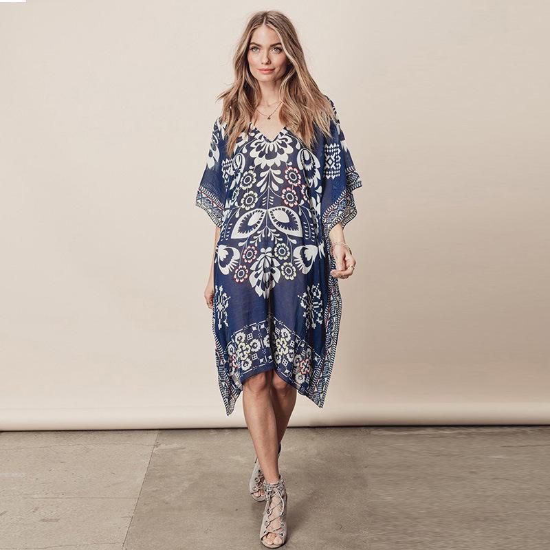 

Темно-синее цветочное шифоновое платье-накидка для бикини с V-образным вырезом для женщин One Size темно-синий