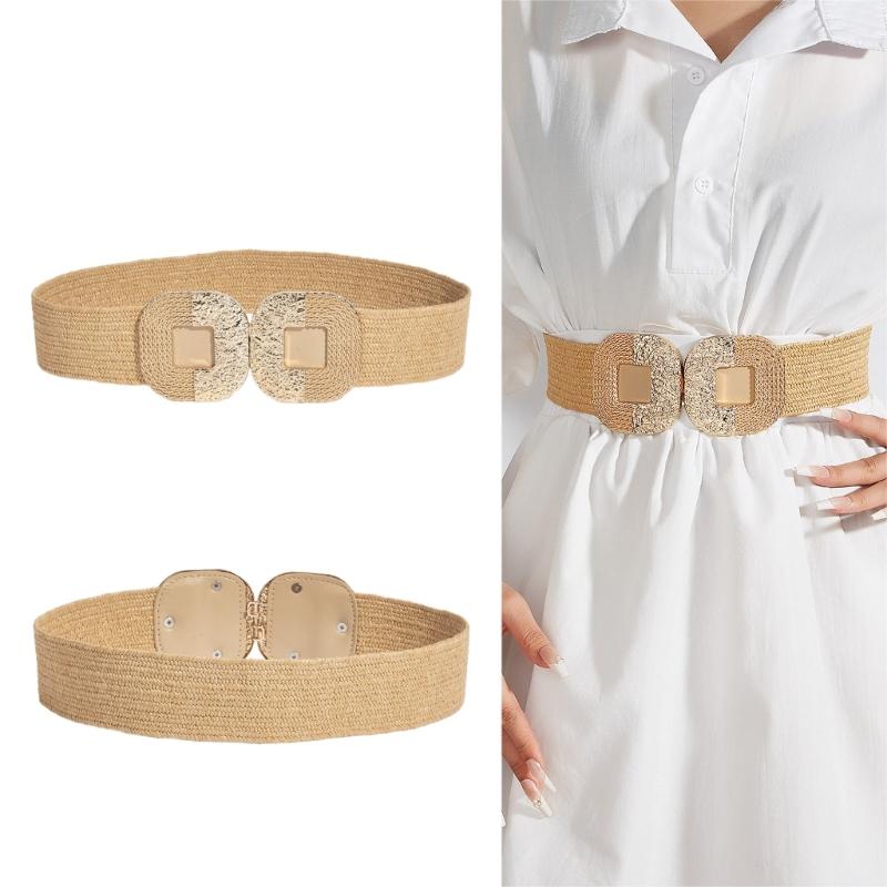 Handmade Weaving Straw Belt for Women Lady Dress Waist Belt with Gold Buckle Decors Female Bohemian Style Straw Belt